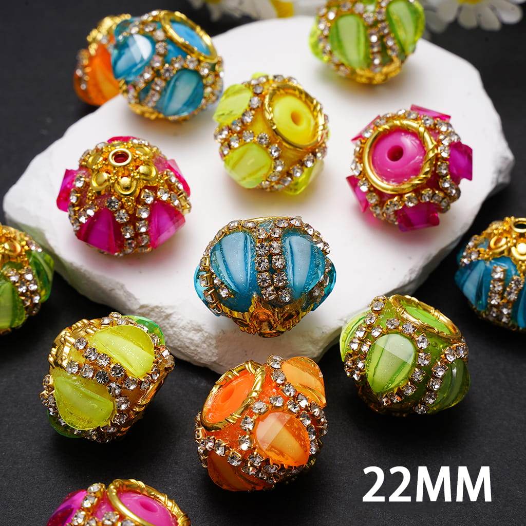 Handmade Acrylic Beads w Gold Alloy Six Pointed Flower & Round Ring on Both Base Sides, w Drop Water & Clear Rhinestone Chains, Neon Colors, 22MM, Random Mix