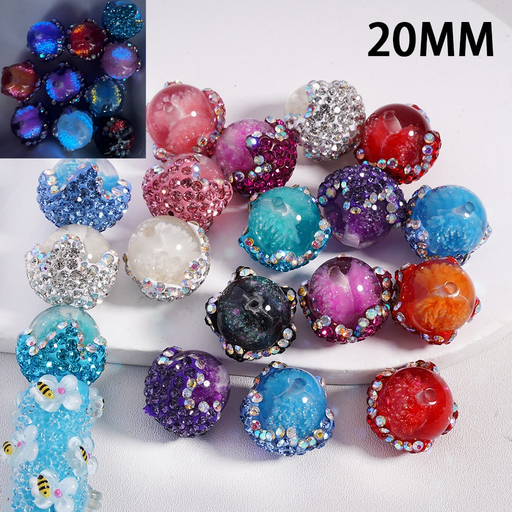 Luminous Clear Clay Glitter Flower Inside with Shiny Colorfull Rhinestones Round Acrylic Beads 20MM, Random Mix