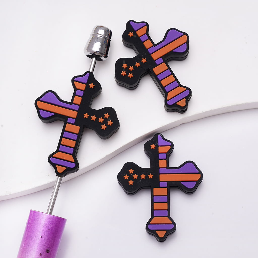 Cross Silicone Focal Beads with American Flag and Orange Purple Stripes Stars