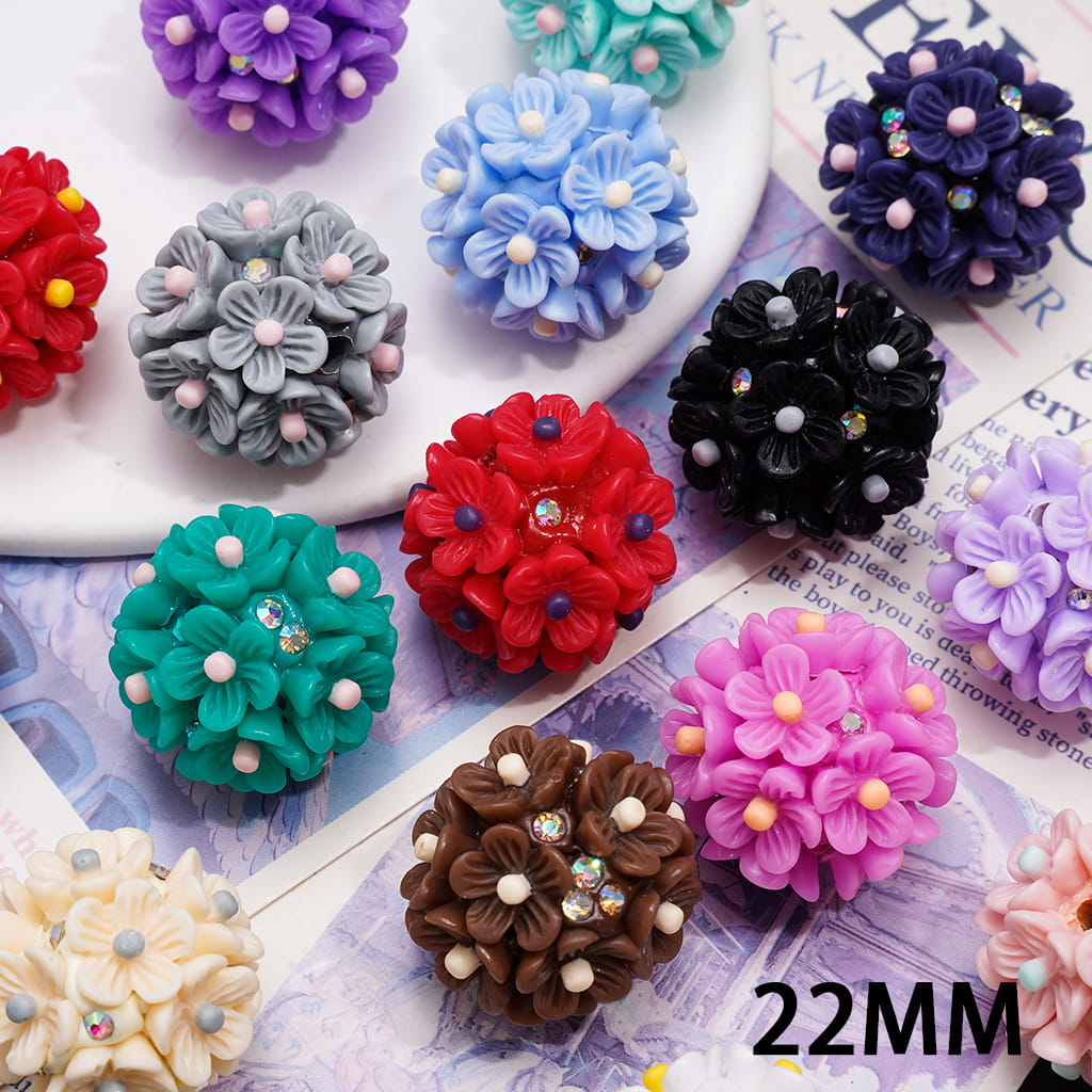 Clay Beads with Five-Petaled Flowers and AB Rhinestones, 22MM, Multi-Color, Random Mix