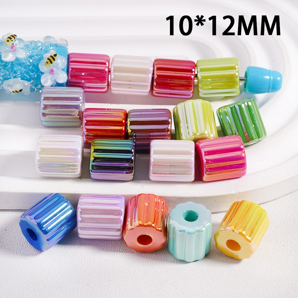 UV Coated Striped Cylinder Solid Color Acrylic Beads Random Mix 10*12MM(Single Color is available for 500pcs(Whole Bag) Only)