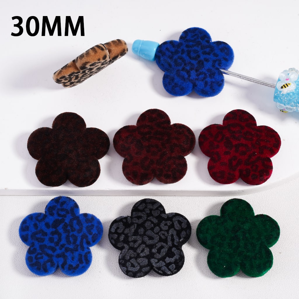 Cute Flocked Fluffy Jaguar Print Plum Blossom Flower Shape Design Acrylic Beads 30MM, Random Mix