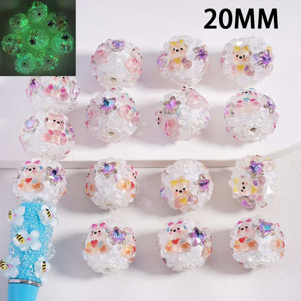 Luminous Bear Rhinestones, Stars & White Pearls Round Clay Beads 20MM, Random Mix
