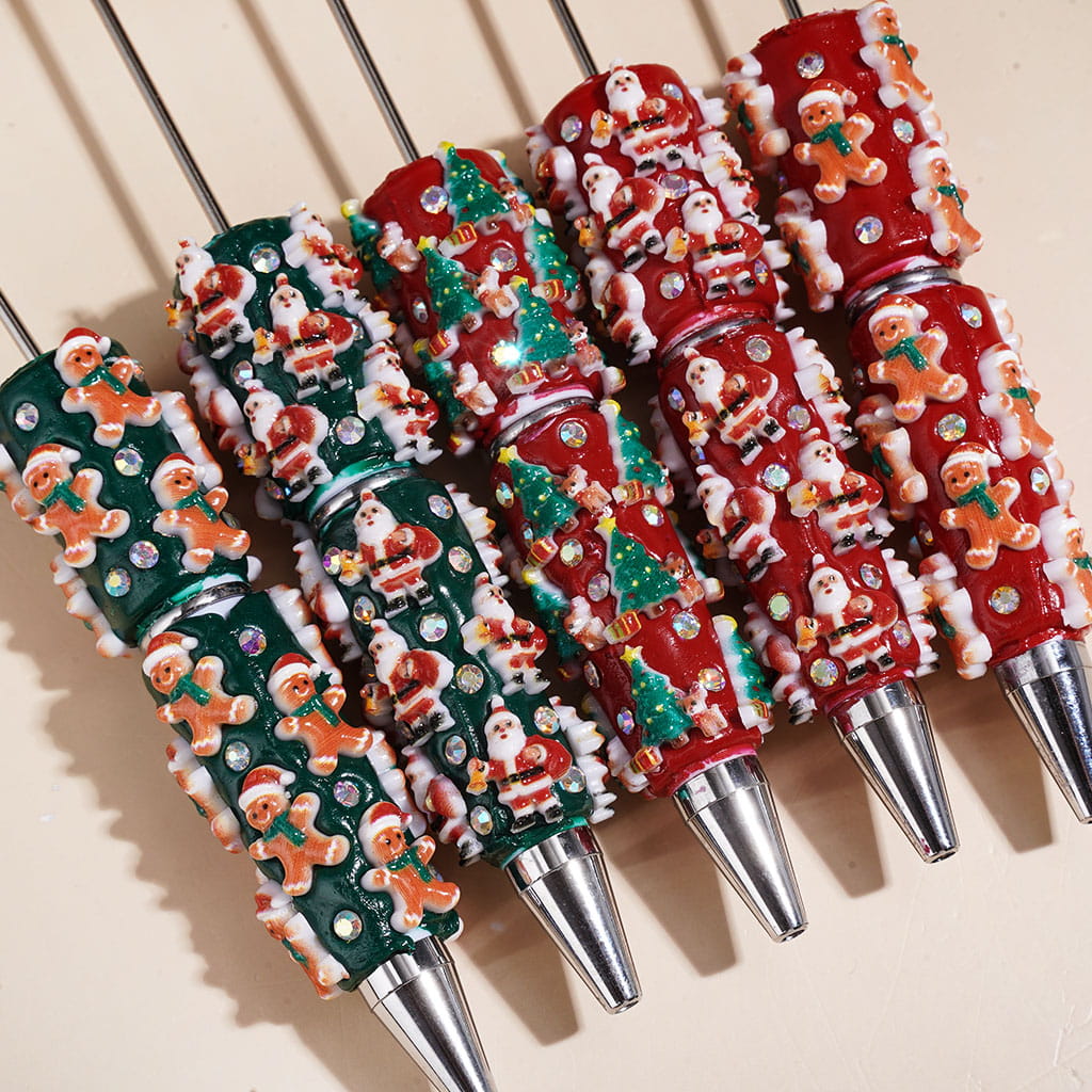 Red & Green Base Christmas Series Santa Claus, Gingerbread Man & Christmas Tree Design with AB Rhinestones, Beadable Clay Pens, Assorted Colors, Random Mix