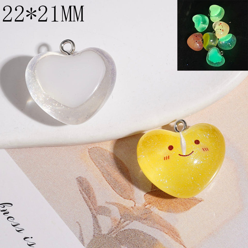 Luminous Cute Smiley Face Heart Shape Acrylic Pendant Charms with Glitter, 22*21MM, Multi-Color Random Mix