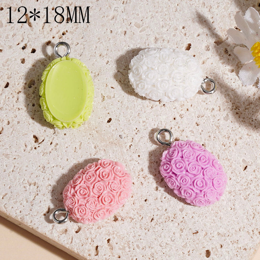 Rose Flower Textured Oval Shaped Acrylic Pendant Charms with Metal Loop, 12*18MM, Multi-Color Random Mix