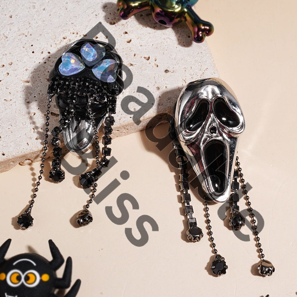 Gothic Style Clay Beads with Metal Horror Mask, Black Rhinestone Tassel and Dazzling Heart Crystal