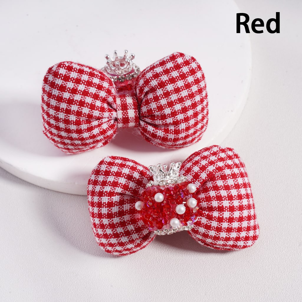 Large Padded Checkered Cute Bowknot with Mini Silver Alloy Crown, Clear Rhinestones, Chains & White Pearls Sugar Acrylic Beads