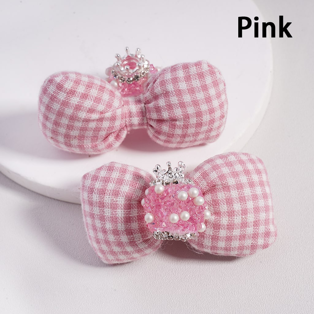 Large Padded Checkered Cute Bowknot with Mini Silver Alloy Crown, Clear Rhinestones, Chains & White Pearls Sugar Acrylic Beads