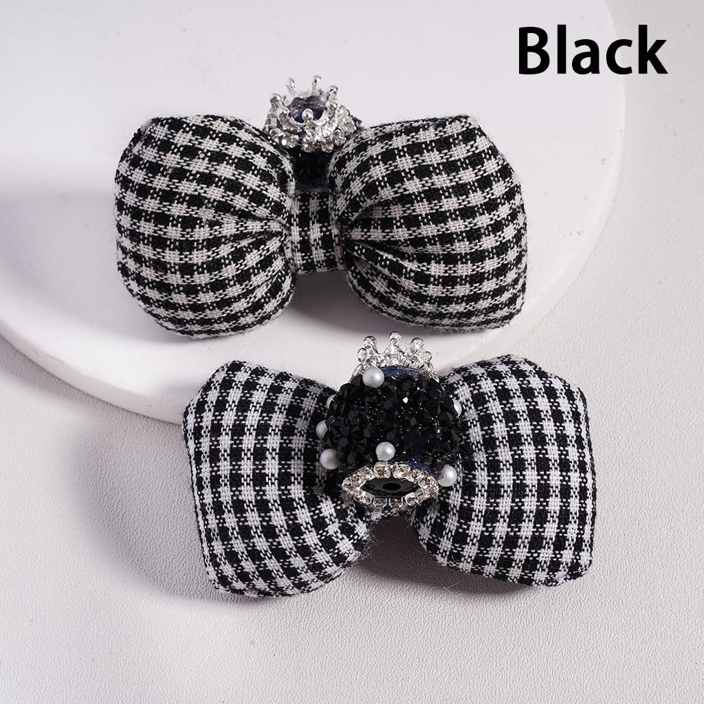 Large Padded Checkered Cute Bowknot with Mini Silver Alloy Crown, Clear Rhinestones, Chains & White Pearls Sugar Acrylic Beads