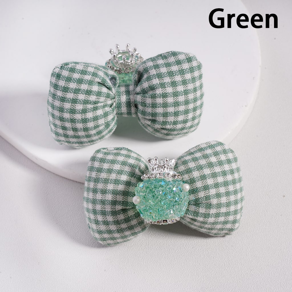 Large Padded Checkered Cute Bowknot with Mini Silver Alloy Crown, Clear Rhinestones, Chains & White Pearls Sugar Acrylic Beads