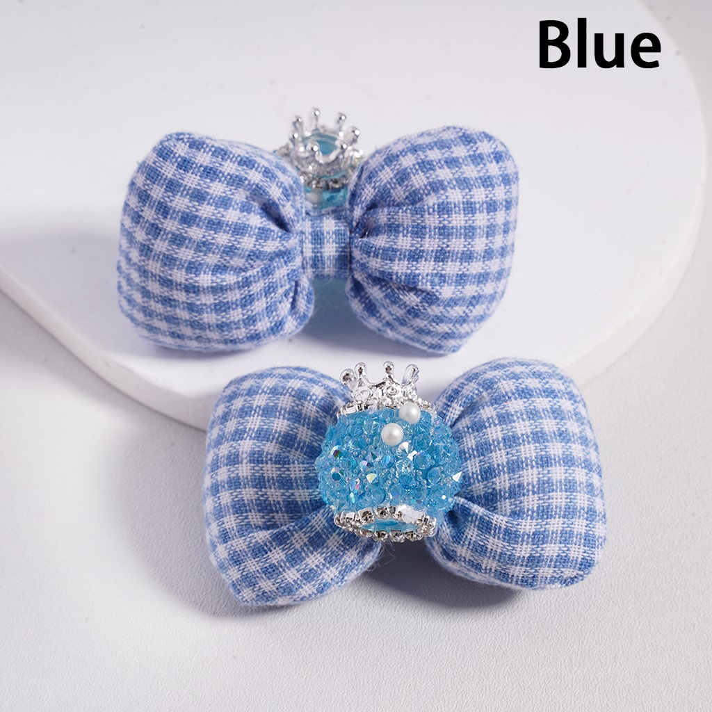Large Padded Checkered Cute Bowknot with Mini Silver Alloy Crown, Clear Rhinestones, Chains & White Pearls Sugar Acrylic Beads