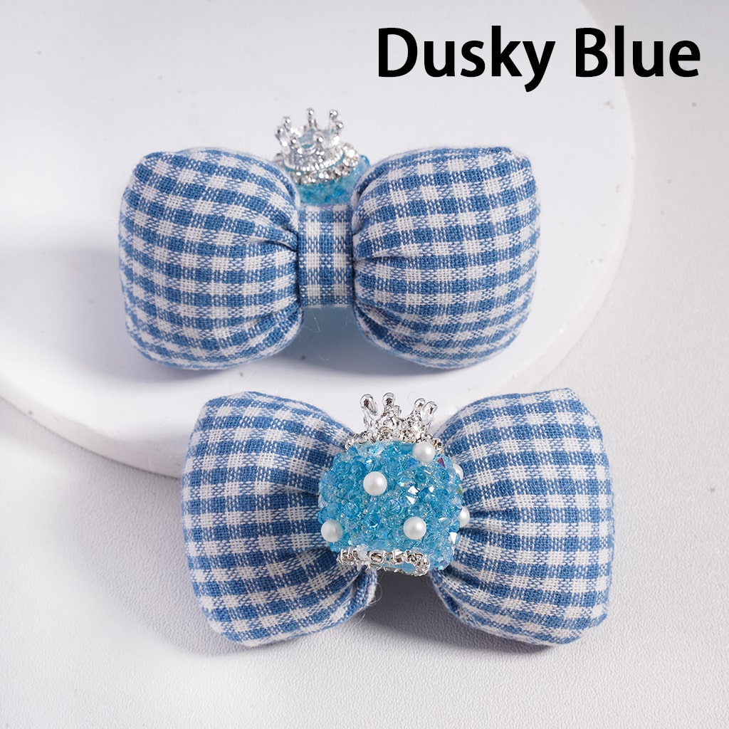 Large Padded Checkered Cute Bowknot with Mini Silver Alloy Crown, Clear Rhinestones, Chains & White Pearls Sugar Acrylic Beads