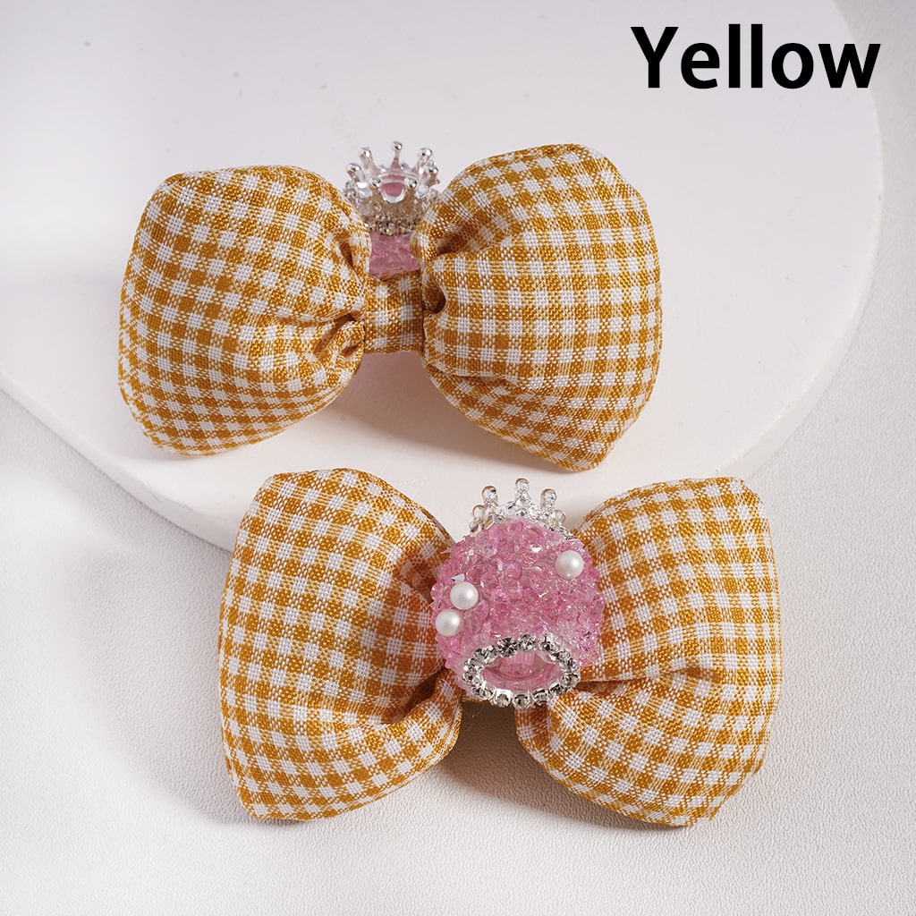 Large Padded Checkered Cute Bowknot with Mini Silver Alloy Crown, Clear Rhinestones, Chains & White Pearls Sugar Acrylic Beads