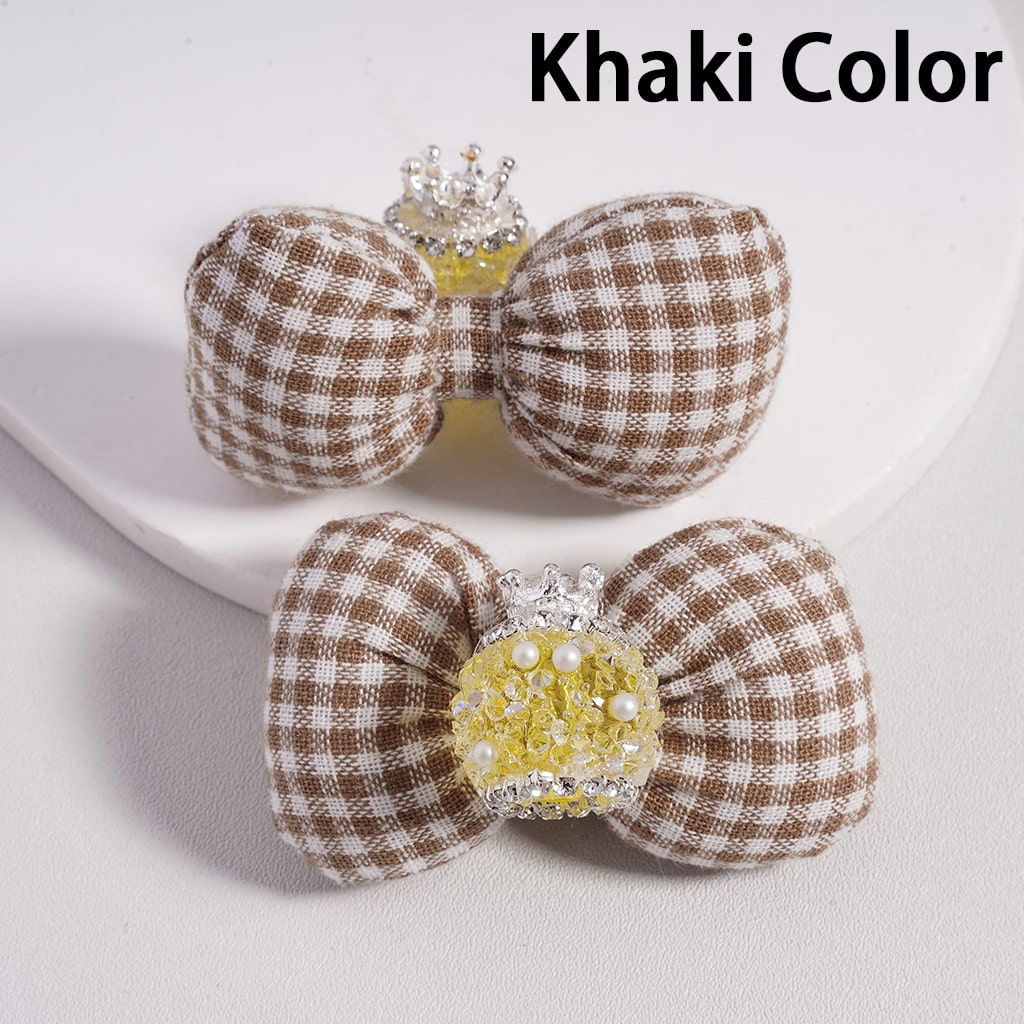 Large Padded Checkered Cute Bowknot with Mini Silver Alloy Crown, Clear Rhinestones, Chains & White Pearls Sugar Acrylic Beads