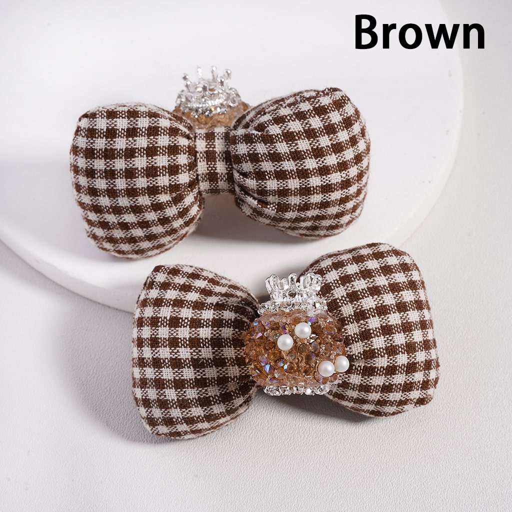 Large Padded Checkered Cute Bowknot with Mini Silver Alloy Crown, Clear Rhinestones, Chains & White Pearls Sugar Acrylic Beads