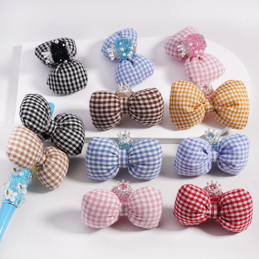Large Padded Checkered Cute Bowknot with Mini Silver Alloy Crown, Clear Rhinestones, Chains & White Pearls Sugar Acrylic Beads