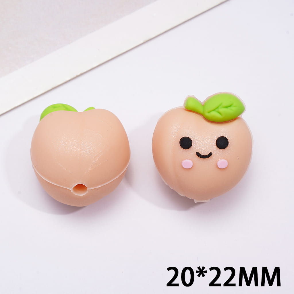 Silicone Focal Beads 3D Juicy Peach with Smiling Face, Pink and Light Peach Pink