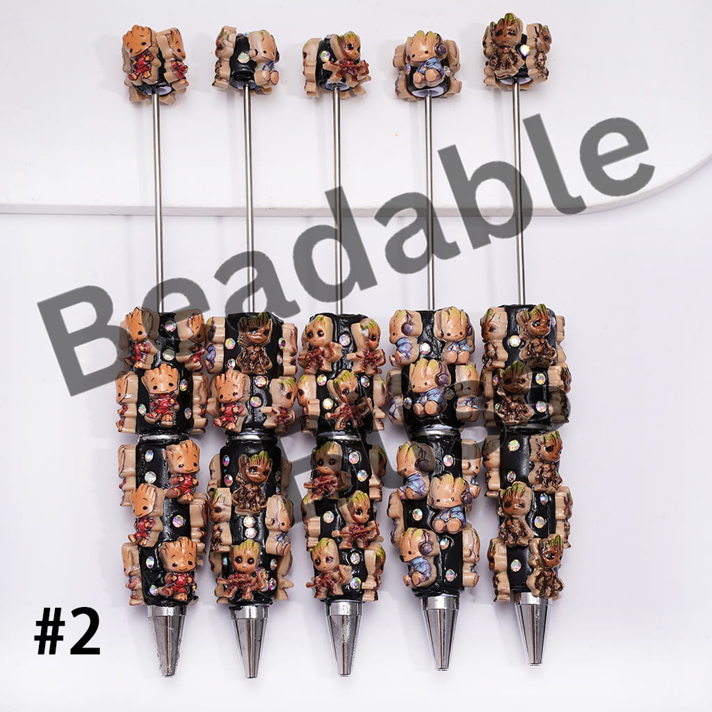 Beadable Clay Pens with Galaxy Guard Team Withered Wood Character in Various Style and AB Rhinestones, Black and Light Brown-Yellow Pen Body