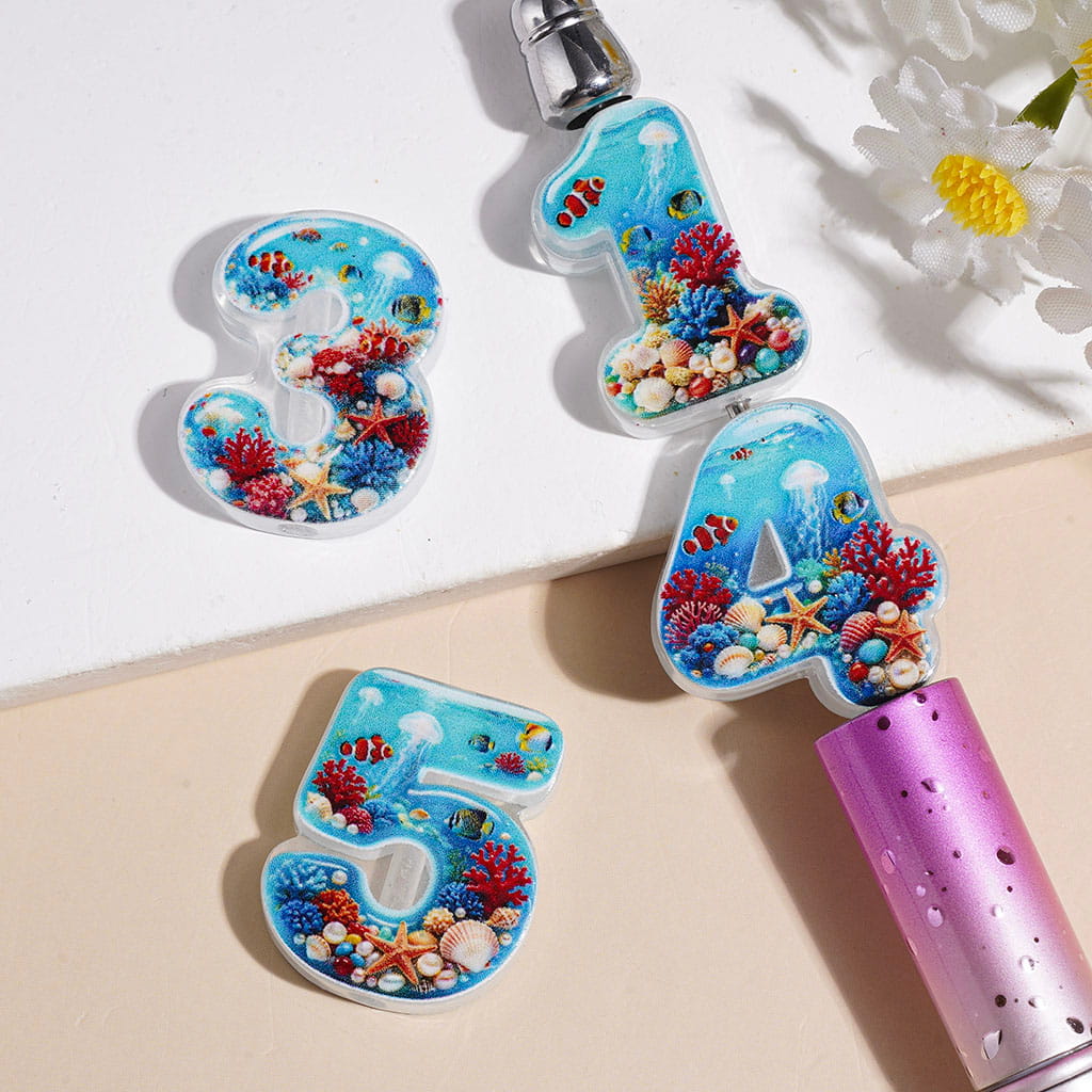 Ocean Coral Reef Number Design Printed Acrylic Beads, Assorted Numbers, Random Mix