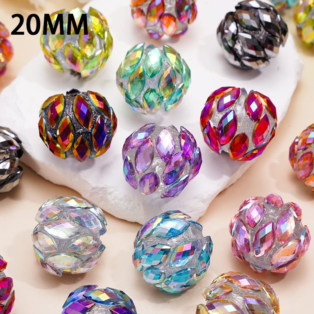 Handcrafted Acrylic Beads with Dazzling Salix Leaf Rhinestones, 20MM, Random Mix
