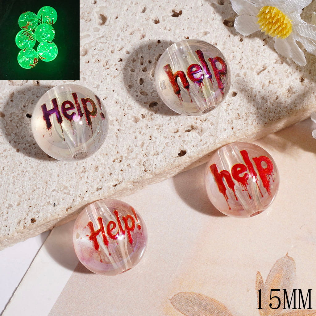 UV-Coated Transparent Luminous Round Acrylic Beads for Bracelets with Red “Help” Print, 15MM, Random Mix