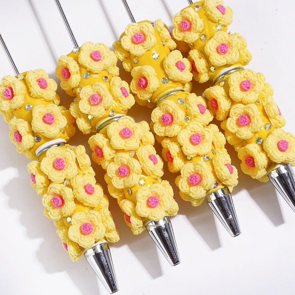 Beadable Clay Pens with Knitted Five-Petaled Flower and AB Rhinestones