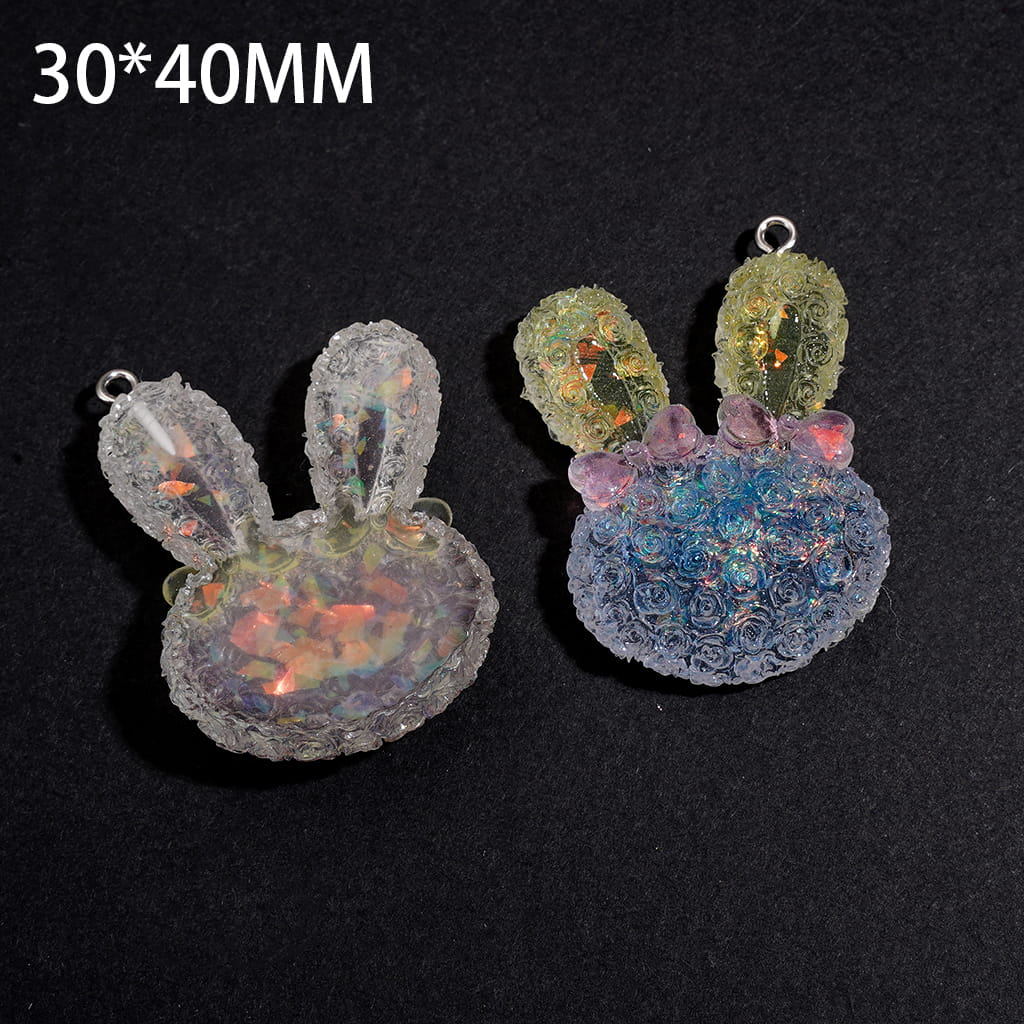 Acrylic Charm Pendants Matte Ombre Color Bunny Head w Rose Flower and Bowtie, Broken Gold Flakes Inside, 30*40MM, Random Mix