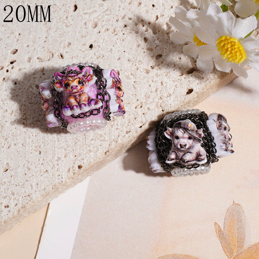 20MM - Handcrafted Acrylic Beads with Gun Black Metal Chains and Highland Cow, White Pearl Chains, Assorted Colors, Random Mix