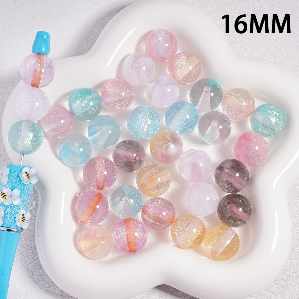 Colorful Clear Round Acrylic Beads with Shiny Glitter Inside 16MM, Random Mix