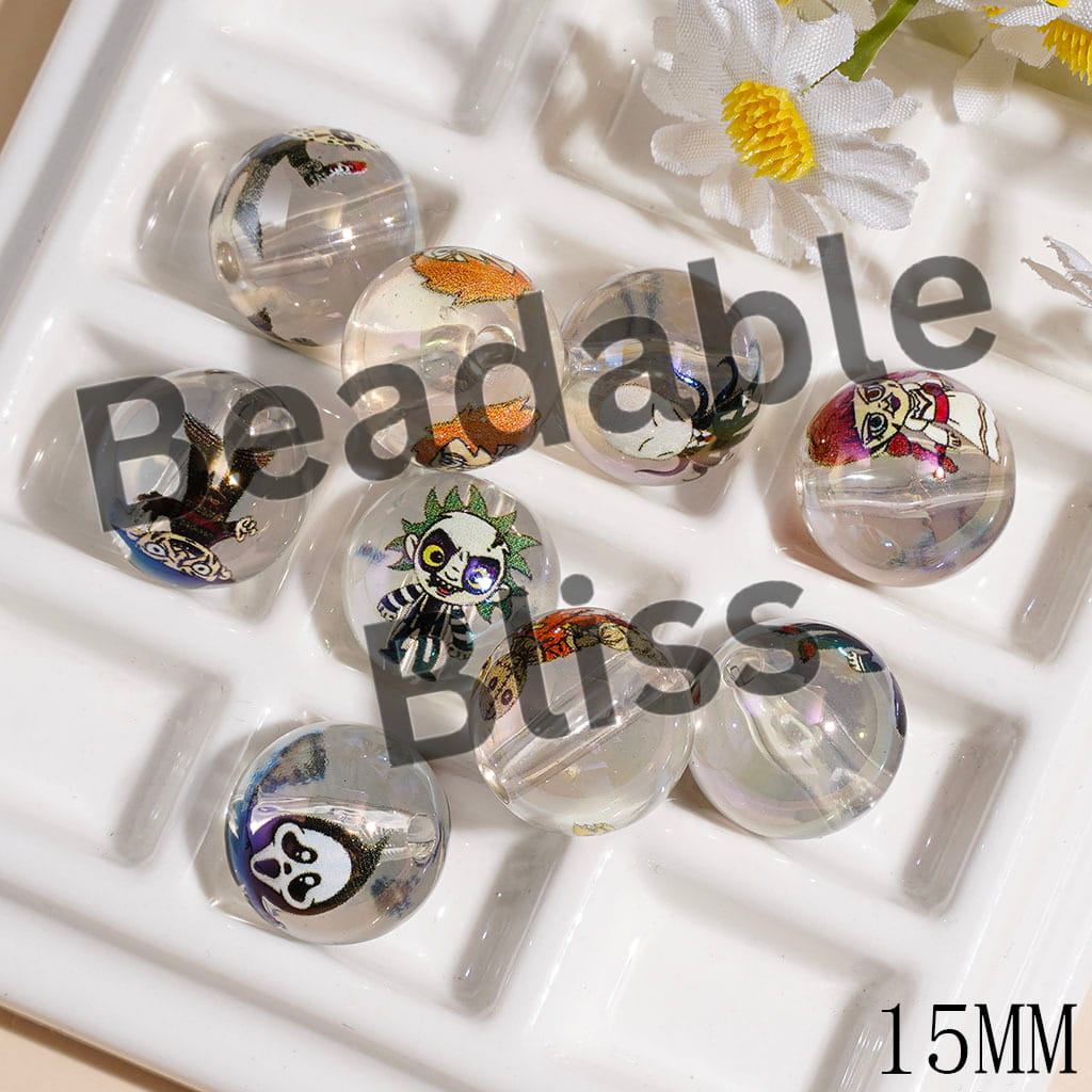 Acrylic Beads for Bracelets UV Coating Villain Horror Character Prints, Transparent, 15MM, Random Mix