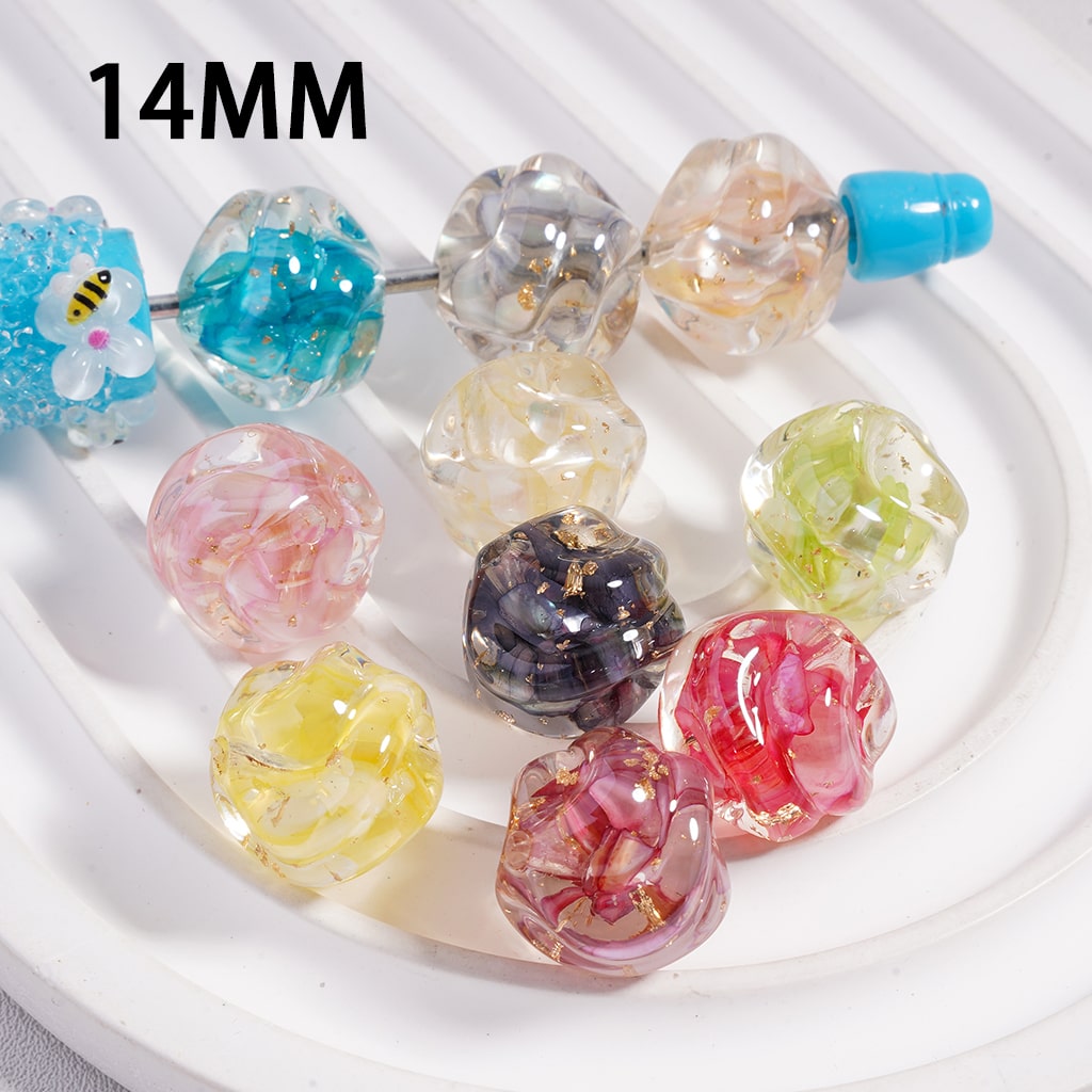 UV Gloss Golden Spiral Shell Flake Transparent Round Acrylic Beads 14mm