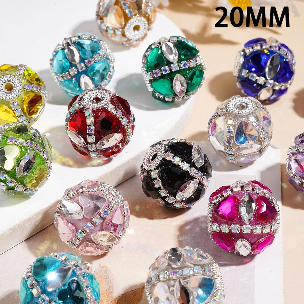 20MM - Handmade Acrylic Beads with Marquise Cut & Double Heart Crystal, AB Rhinestones Chains & Silver Metal Base, Multicolor, Random Mix