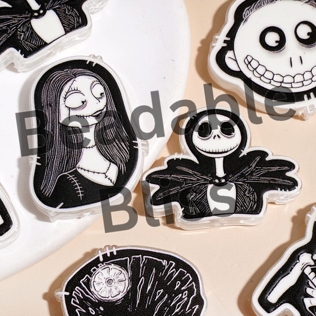 Acrylic Beads Wicked Skull Skeleton Couple Character, Semi-Clear, Random Mix, Black White Series