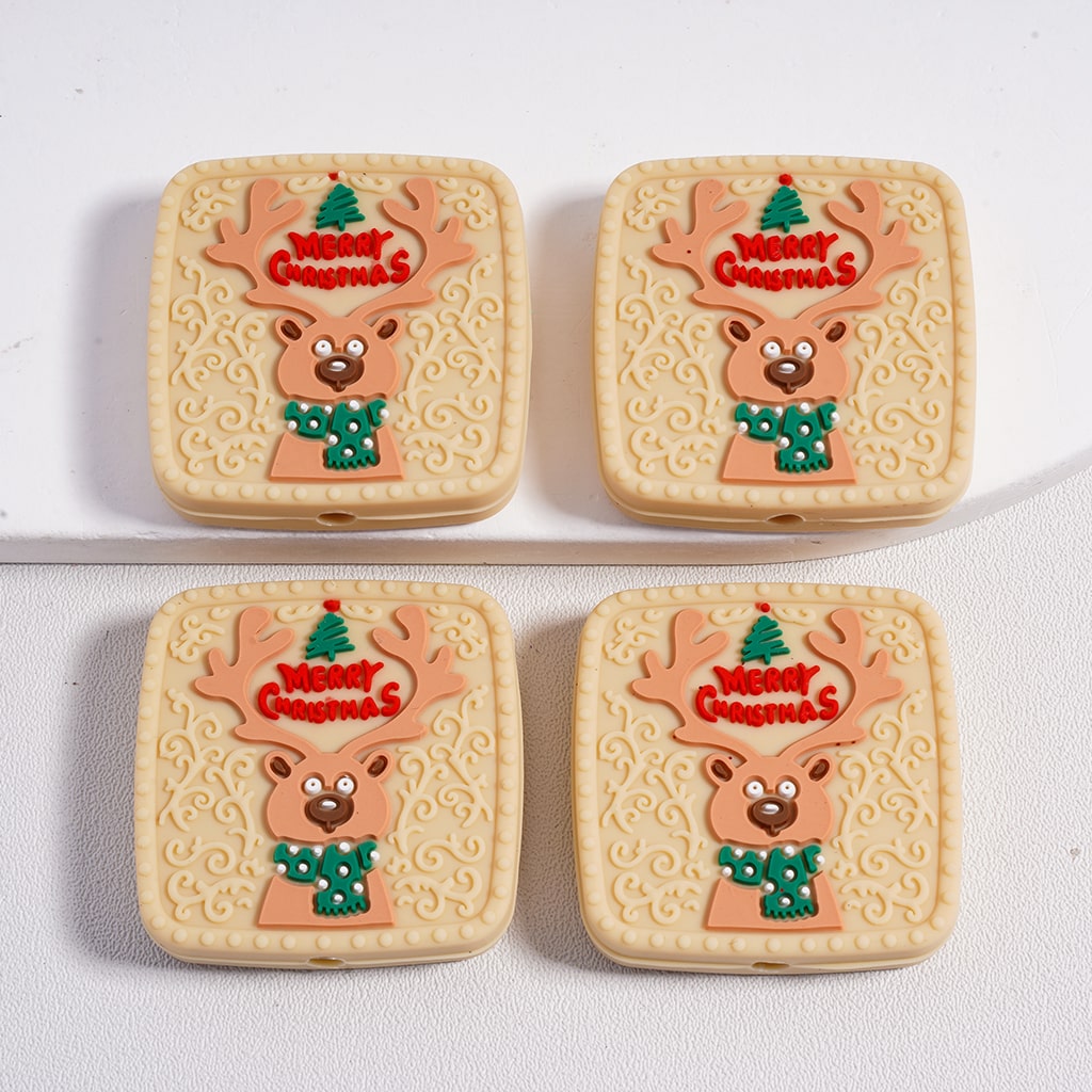 Beige Square Merry Christmas Deer Beige Color Silicone Focal Beads