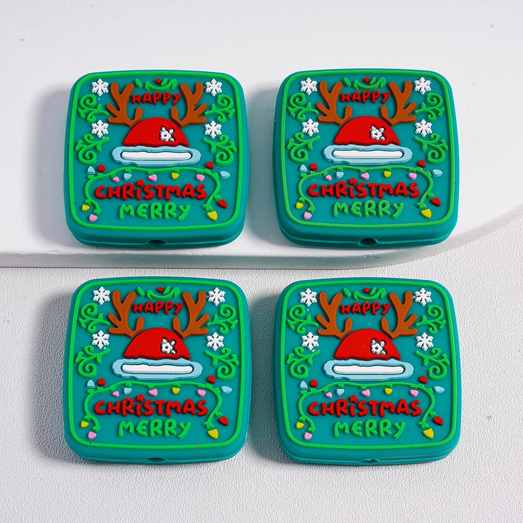 Merry Christmas Green Deer Horn Square Shape Silicone Focal Bead