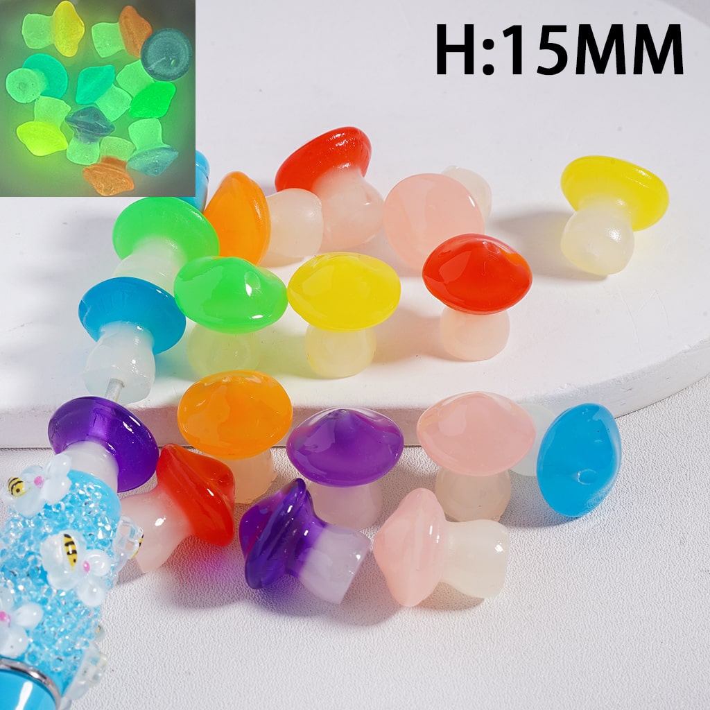 Luminous Cute Mini Mushrooms in Dual Colors, Acrylic Beads Height 15MM (No Dots)