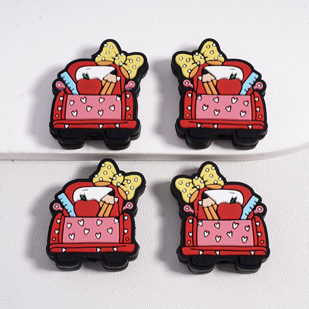 Cute School Truck with Bow, Pencil, Ruler & Apple Silicone Focal Beads