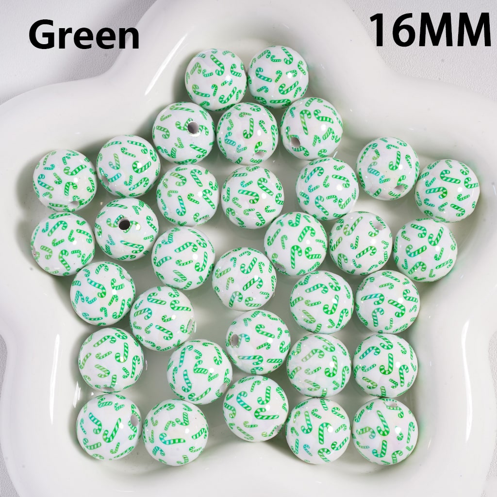 UV Coated Christmas Series Red & Green on White Candy Cane Print Acrylic Beads 16MM (Single Color is available for 200pcs(Whole Bag) Only)