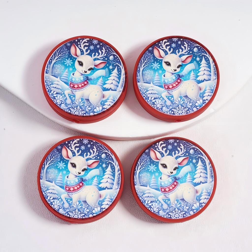Cute Christmas Reindeer with Scarf, Red Flat Round Shape Silicone Focal Beads