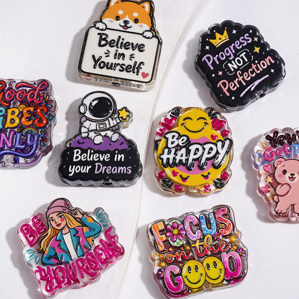 Motivational Quotes Text "Progress NOT Perfection" " Never give up" .... in Cartoon Series Acrylic Beads, Random Mix
