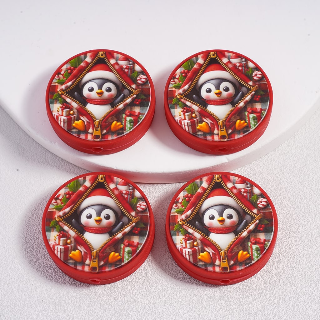 Christmas Cute Penguin with a Torn Zipper Peeking Out, Red Flat Round Shape Silicone Focal Bead