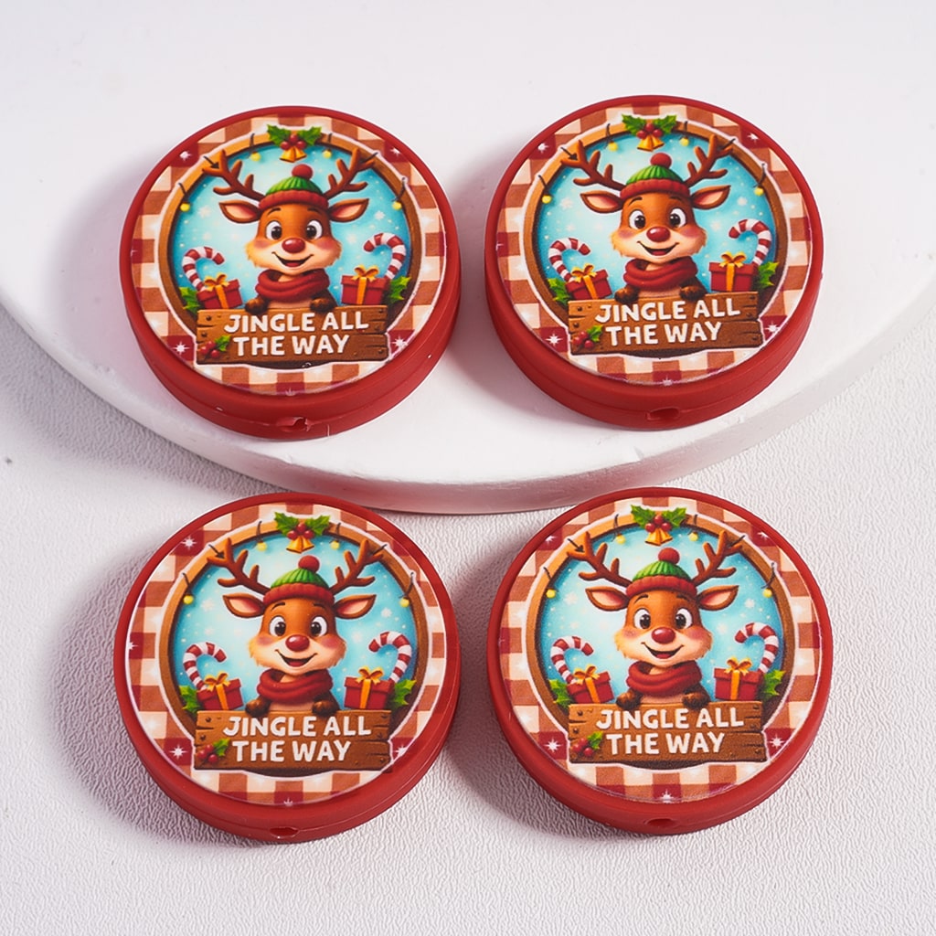 Holiday Christmas Cheer Reindeer WIth Gifts & Sleigh Bells Flat Round Silicone Focal Bead
