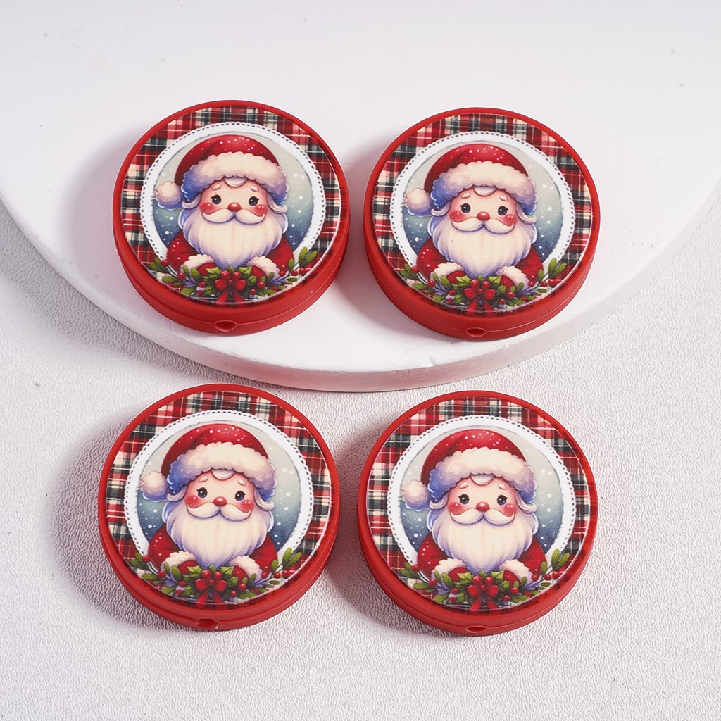 Cute Santa Holding Christmas Wreath, Flat Round Shape Silicone Focal Beads