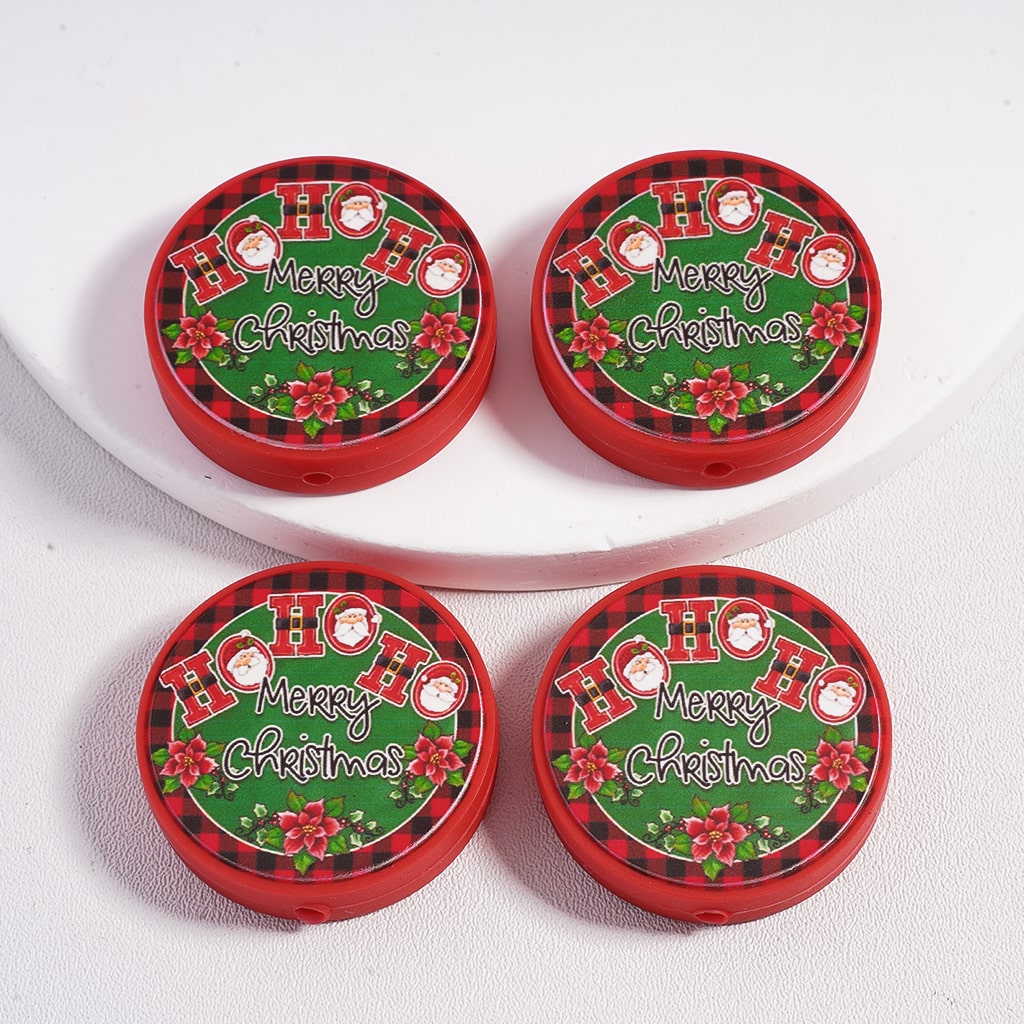 HO HO Marry Christmas Red Flowers Flat Round Silicone Focal Beads