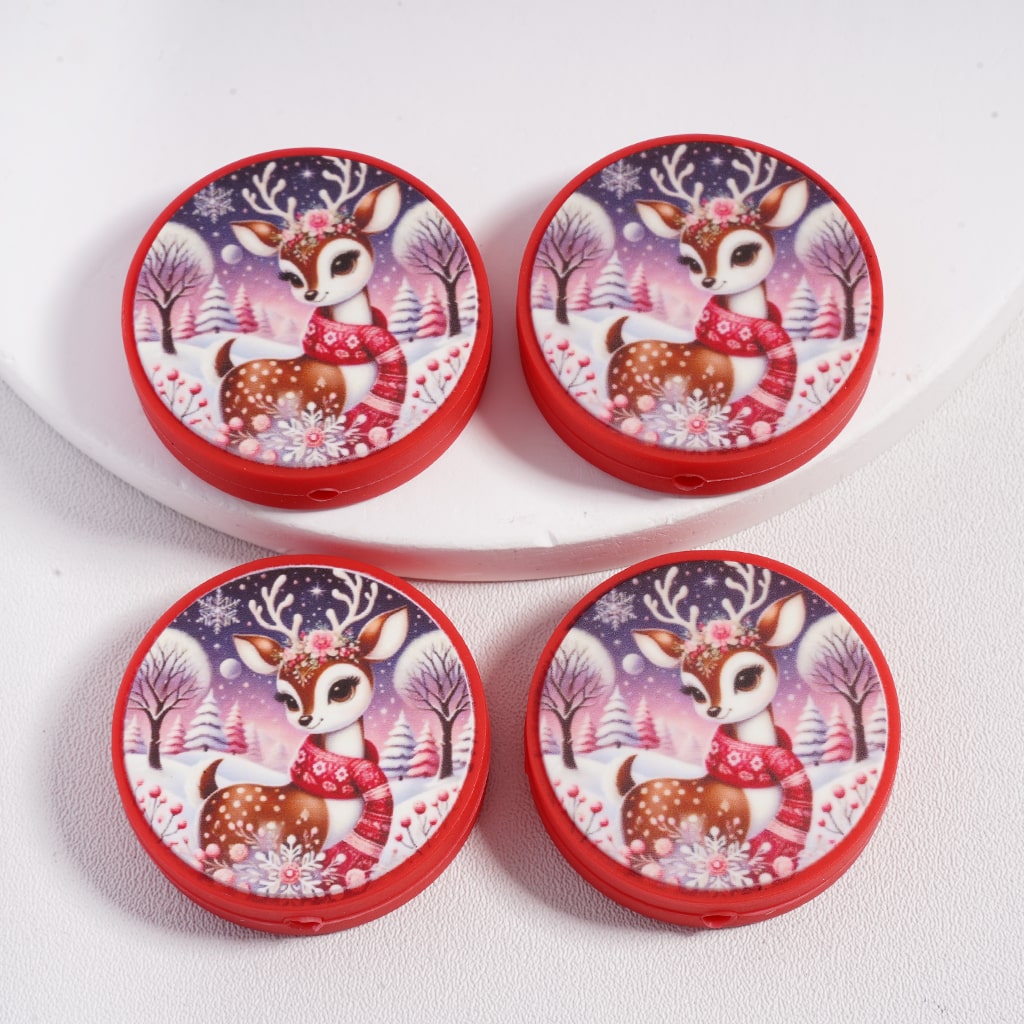 Silicone Focal Beads Cute Christmas Reindeer with Scarf, Red Flat Round Shape