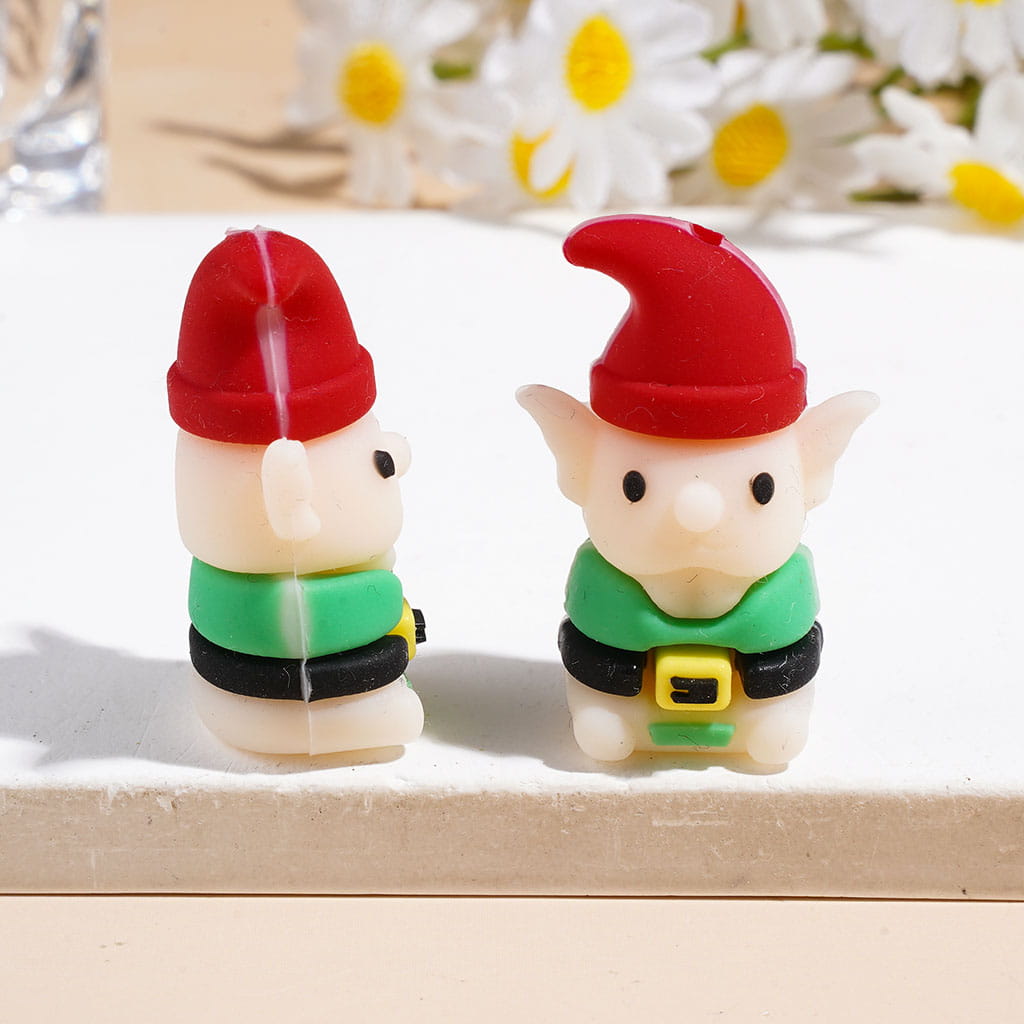 3D Gnome Elf Character Wearing Santa Hat Silicone Focal Beads, Multi-Color