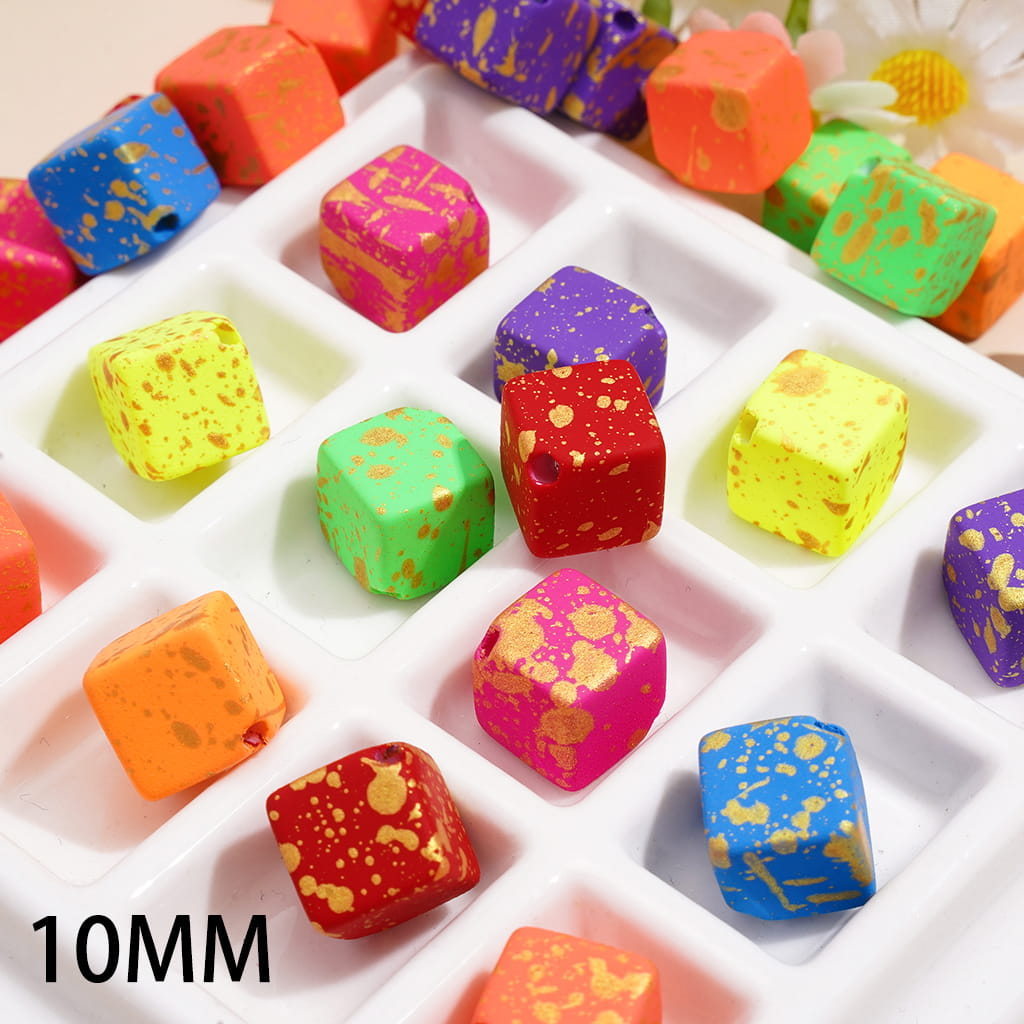 Gold Ink Splash Design Fluorescent Color Cube Square Shape 10MM Acrylic Beads Random Mix