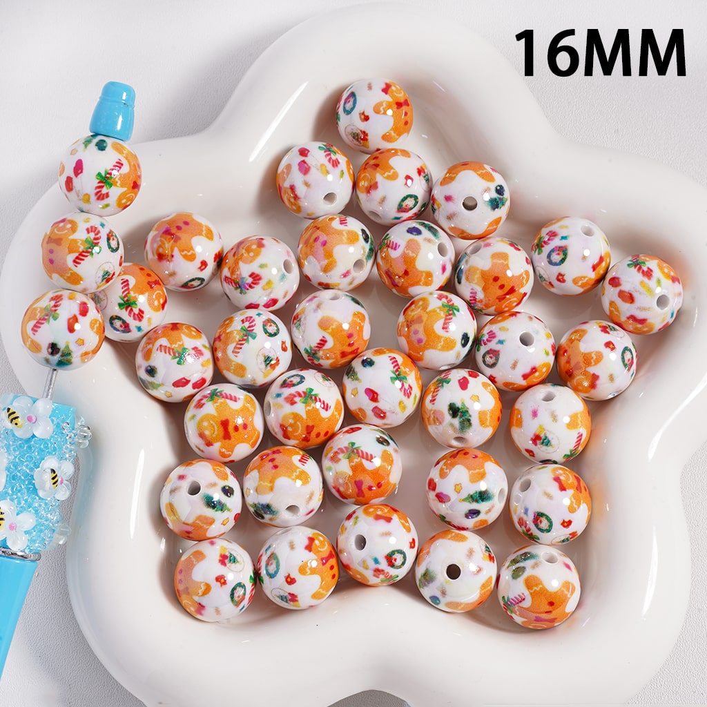 Cute Christmas Gingerbread Man Colorful Print on White Round Acrylic Beads 16MM