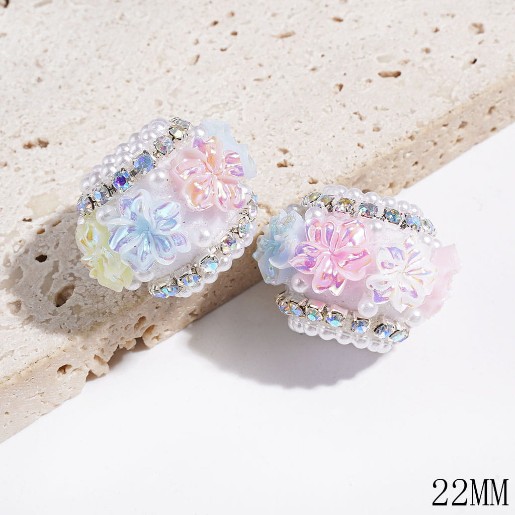 UV Finish Adorable Flowers with White Pearls, Sparkling AB Rhinestone & White Pearl Chains Handmade Acrylic Beads, 22MM